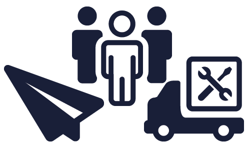 Icon mit Papierfliege, Menschengruppe und LKW