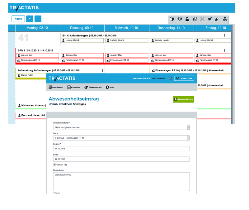 Screenshots der TRACTATIS Plantafel und des Abwensenheitsformular