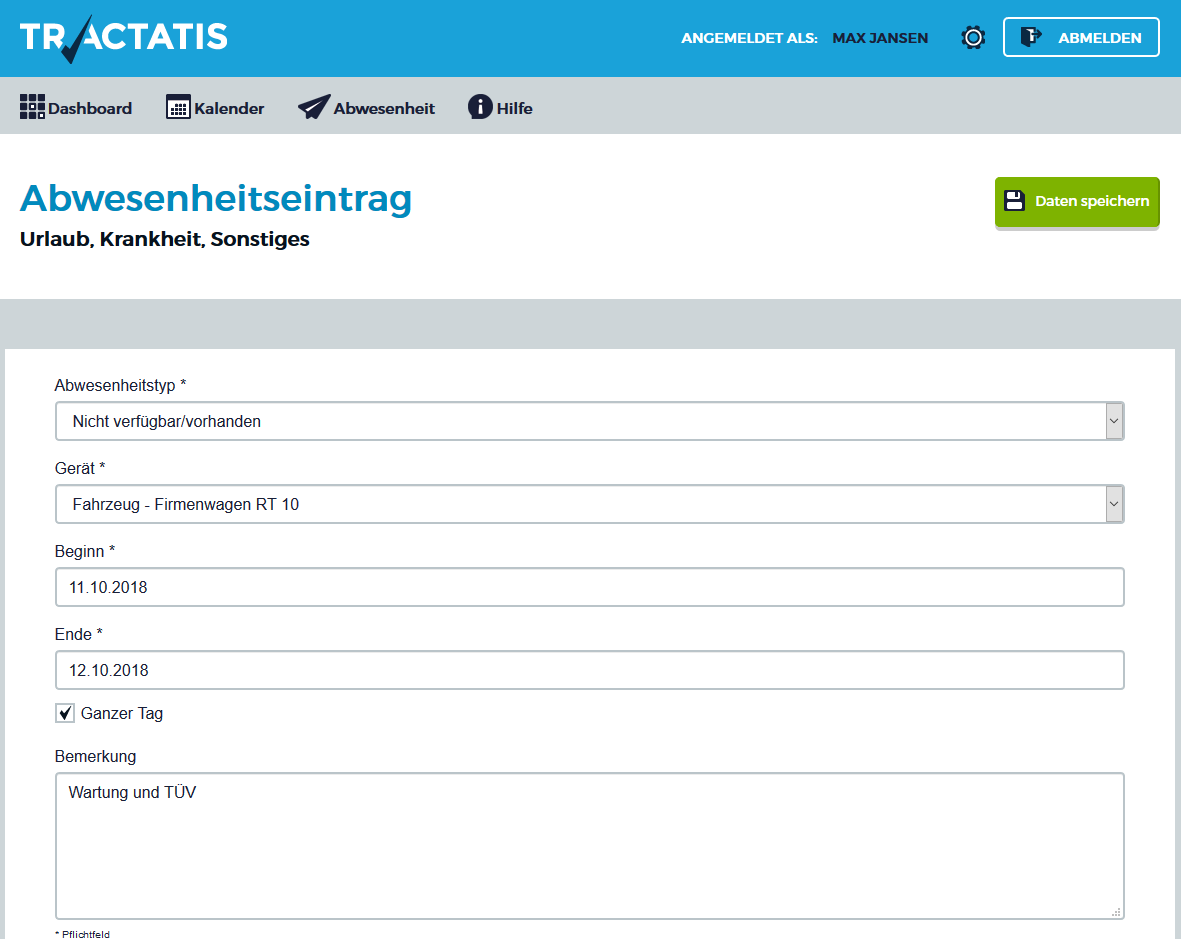 Screenshot des Abwesenheitsformular