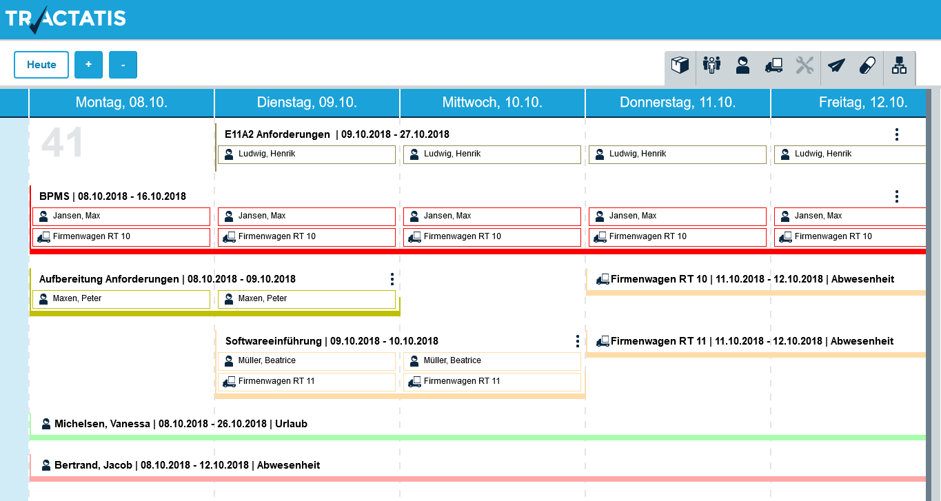 Screenshots der TRACTATIS Plantafel und des Abwesenheitsformulars