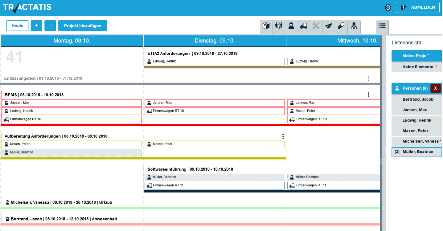 Screenshot der Plantafel mit Fahrzeugen
