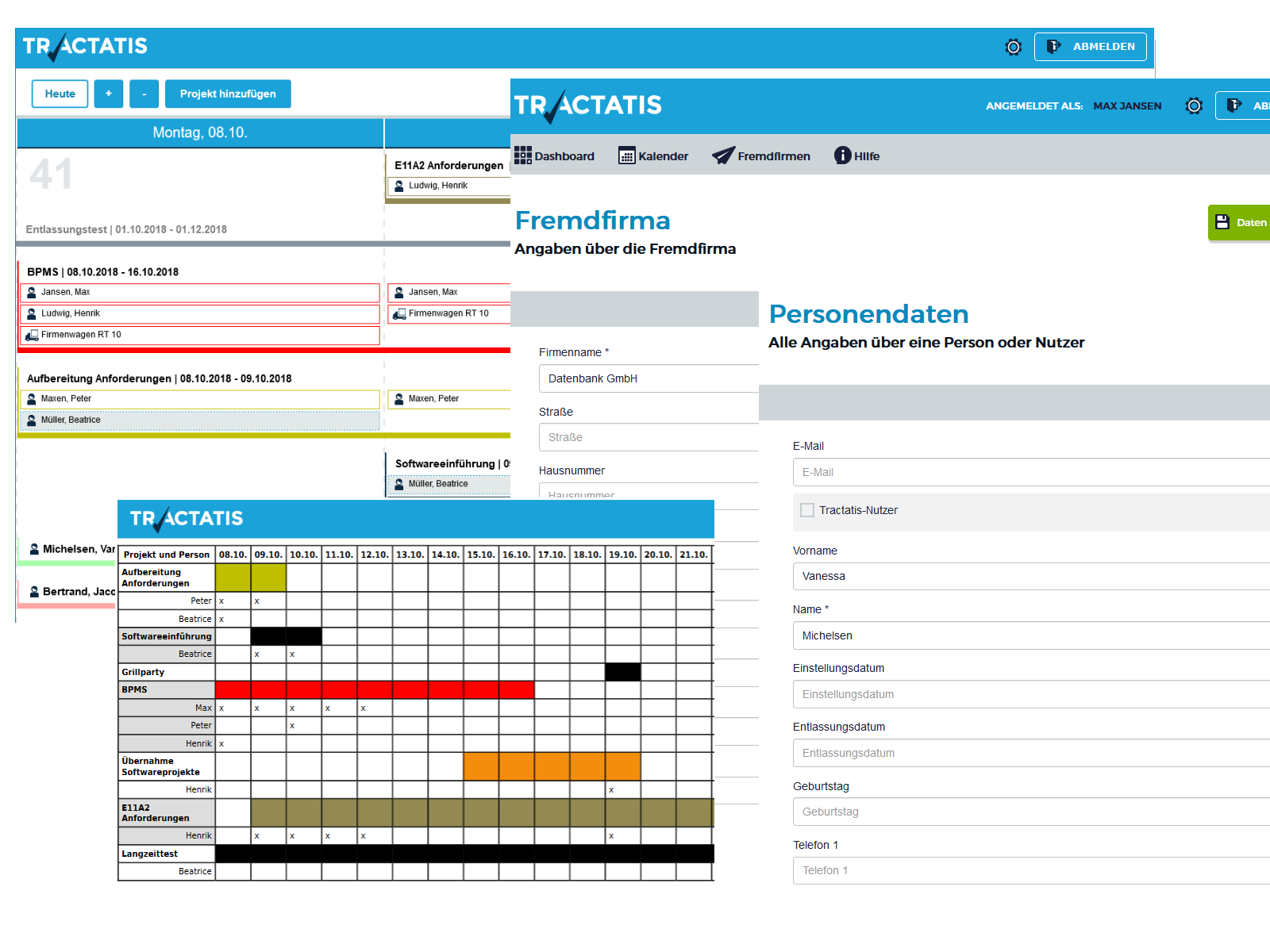 Screenshot der TRACTATIS Plantafel, Personenerfassung und Berichte