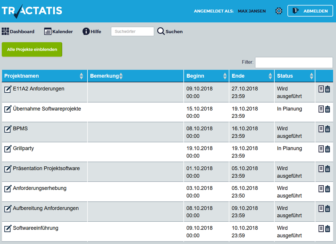 Screenshot der Projektliste