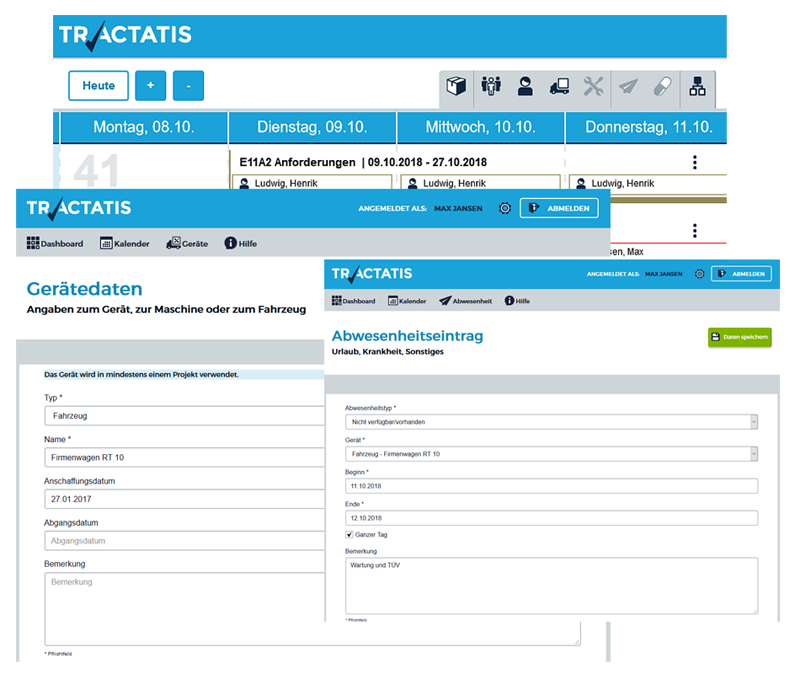 Screenshots der TRACTATIS Plantafel und der Geräte- und Abwesenheitserfassung