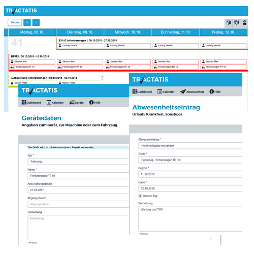 Screenshots mit dem Kalender und Geräteformular
